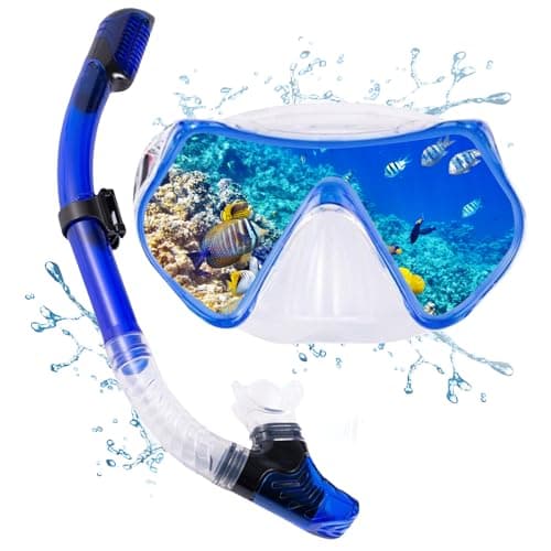 Adult Snorkeling Gear Snorkel Set with Dry Top System 180 Degree Panoramic Snorkel Mask,Snorkel Mask Set Leak-proof (Blue)