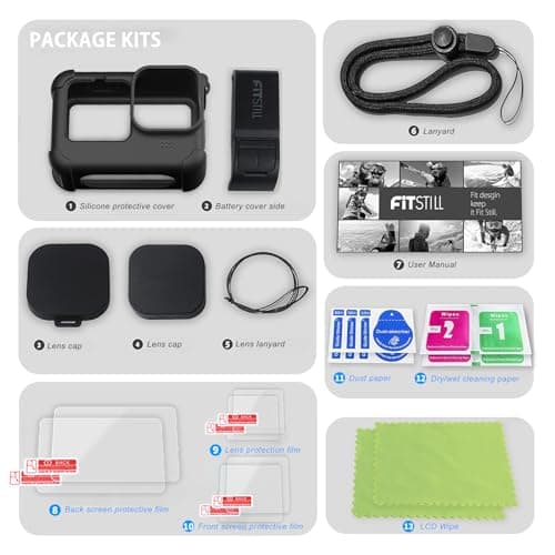 FitStill Silicone Protective Case Set for Go Pro Hero12 /Hero11 /Hero 10 /Hero 9 Black, Battery Side Cover + Lens Cover + Screen Protector + Lanyard (For Go Pro Hero 12/11 /10/9 Black) Accessory Kit — view 6