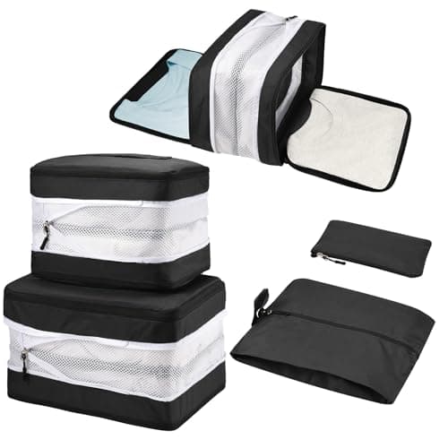 Compression Packing Cubes 5 Set Double Sided Expandable for Suitcases & Carry On Hand Luggage | Travel Organiser with Separate Shoe Bag (Black)