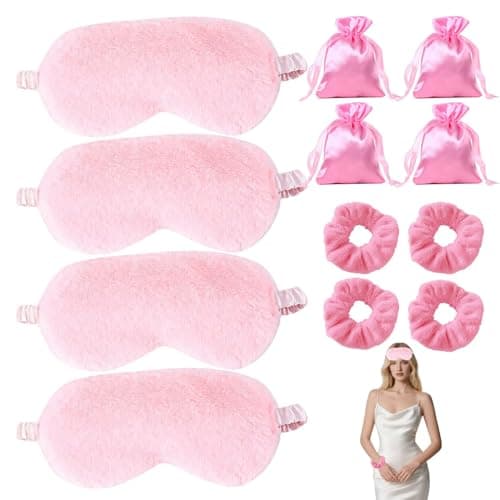 12 Pcs Sleepover Party Supplies for Girls,Girls Sleepover Supplies with Plush Sleep Eye Mask Hair Scrunchies Storage Bag (Pink)