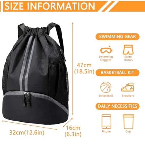 YANJINGSHE 35L Waterproof Drawstring Bag - Sports & Swimming Backpack with Shoe Compartment & Wet/Dry Pockets and mesh Water Bottle Pocket for Gym, Football & PE Kit (Black) — view 2