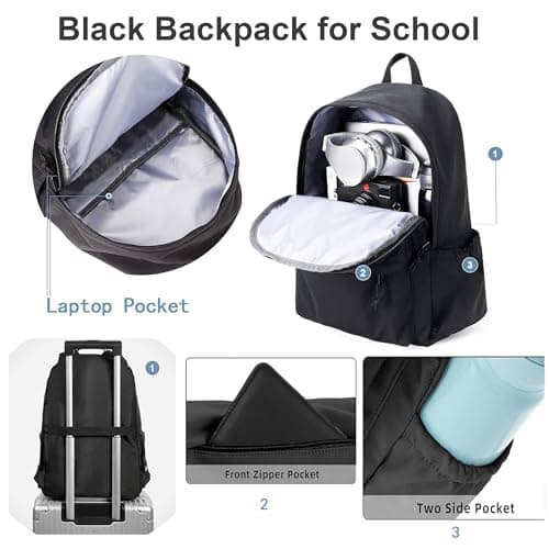 TECPEX Black Backpacks for School Teenager Men and Boys Lightweight Nylon Classic Casual Rucksack for Travel — view 3
