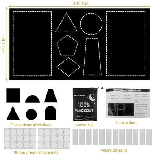Blackout Blinds Stick on 300x145cm, 420D Blackout Curtain for Window, No Drill Film for Bedroom, Cut to Any Size, Portable Black Out Blinds for Travel Temporary, 12 Velcro, 18 Adhesive Tapes — view 5