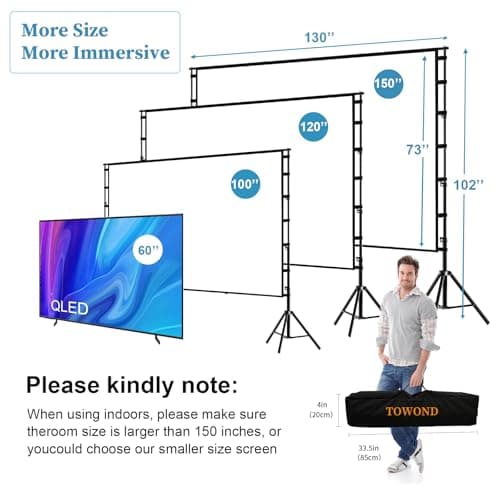 Projector Screen and Stand,Towond 150 inch Outdoor Projection Screen Portable 16:9 HD Rear Front Garden Movie Screen with Carry Bag Wrinkle-Free Thickened brackets Design for Backyard Cinema — view 2