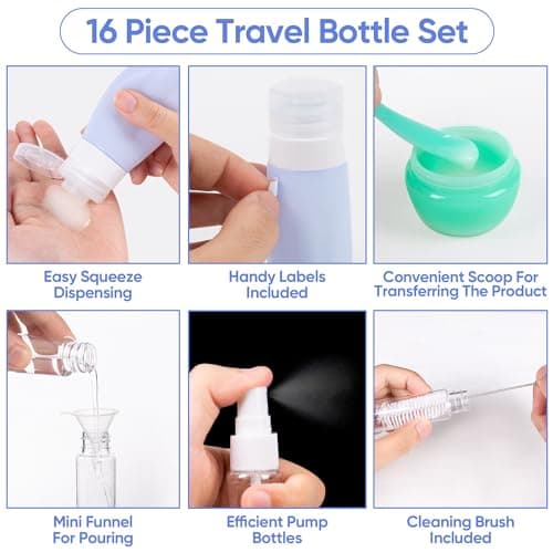 ASAB 16 Pack Silicone Travel Bottles for Toiletries TSA Approved Leak Proof Squeezable Refillable Travel Size Bottles for Body Wash Conditioner Shampoo Lotion Pots Toiletry Travel Bottle Set with Bag — view 3