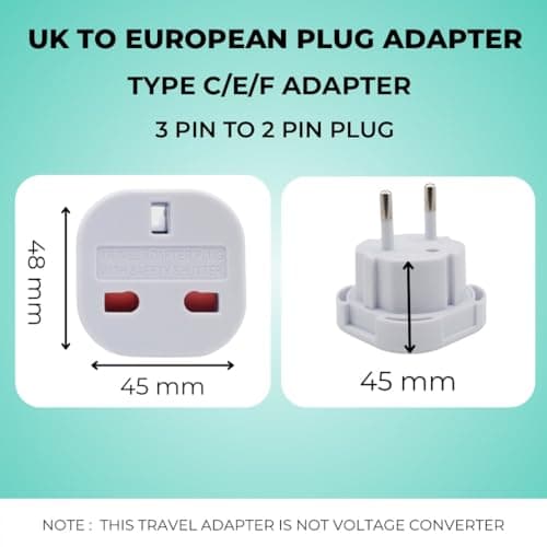Double Dragon EU Travel Plug Adapter | UK 3 PIN to European 2 PIN Plug Converter Type C, E, F for Spain, France, Italy, Portugal, Germany, Greece, Sweden, Norway, Poland, Denmark, Finland (Pack of 2) — view 2