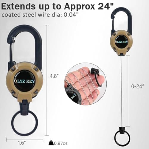 Oleyzee Retractable Keychain Heavy Duty Multitool Carabiner Key Chain, 60CM Extended Coated Steel Cord Badge Reel, Carabiner Key Holder for Work & Outdoor, Bearing 8.0 oz, Brown — view 3