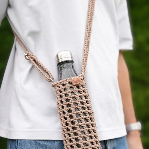 Handmade Recycled Cotton Crocheted Mesh Water Bottle Holder - Adjustable Shoulder Strap - Compatible with Bottles ≤1L | Lifestyle, Hiking, Festival & Travel — view 3
