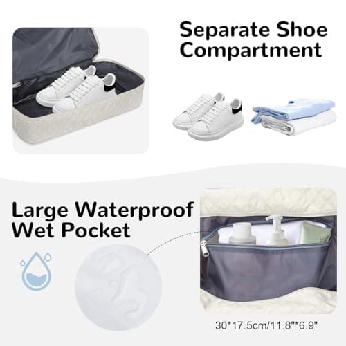 Outplea 55L Travel Bag for Women, Large Overnight Weekender Bag with Shoe Compartment & Wet Pocket, Hospital Holdall with Toiletry Bag, White — view 3