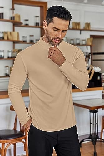 Ekouaer Men's Mock Turtleneck Shirts Long Sleeve Basic Turtle Neck Undershirt Lightweight Thermal Top Khaki L — view 2