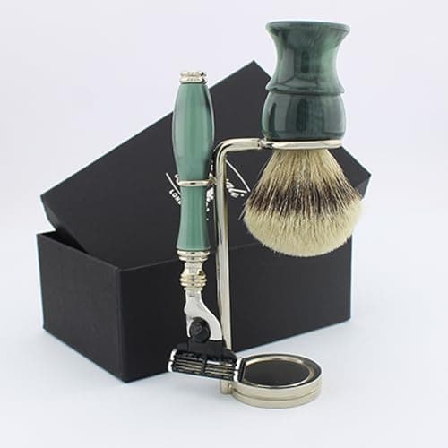 Haryali London, 3 Pcs Wet Shaving Set, 3 Edge Shaving Razor with Synthetic Silver Tip Shaving Brush & Shaving Stand – Luxury Men’s Grooming Kit for Wet Shave – Limited Edition Green Color — view 2
