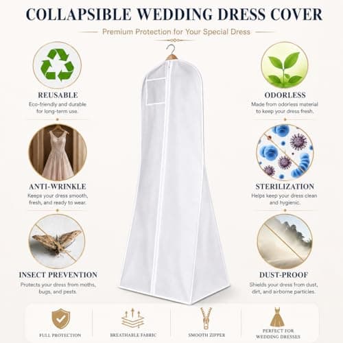 Hanging Wedding Dress Cover 180x60x40cm, Bridal Gown Garment Cover Storage Bag, Full Length Travel Protector for Bridal Dress, Long Clothes Storage Cover, Dust Proof Garment Bag with Zipper for Women — view 4