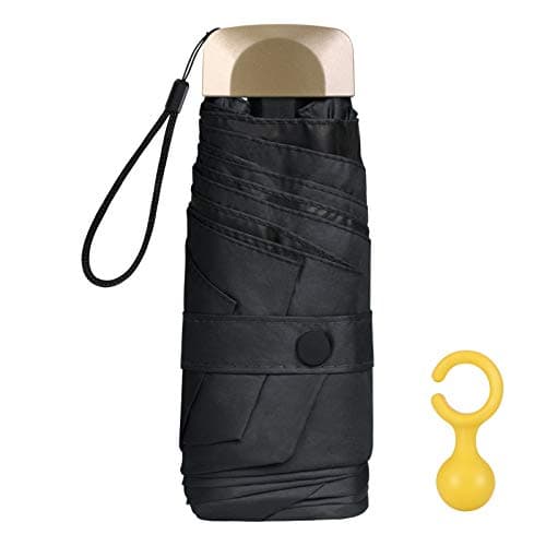 Vicloon Mini Umbrella, Pocket Umbrella （Black） with Golden Handle, 210T Black Rubber Cloth & 6 Aluminum Alloy Ribs, Foldable Compact Travel Umbrella, UPF>50+ UV Resistance