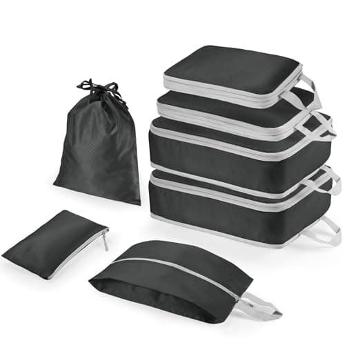 Compression Packing Cubes 7-Piece Set with Multi- Compartment Travel Bag, Waterproof Suitcase Organiser Bags,Travel Packing Cubes for Suitcases, Packing & Storage for Luggage (Black)