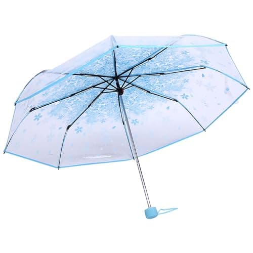 Tiiyee Clear Folding Umbrella, Cherry Blossom Floral for Travel Rain (Blue) — view 6