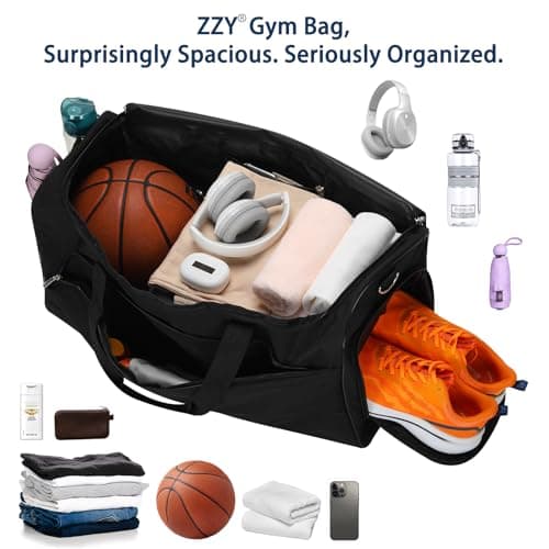 ZZY 52L Mens Sports Gym Bag with Shoe Compartment-24 inch Large Holdall Travel Duffle Bag for Overnight, Fitness - Black — view 4