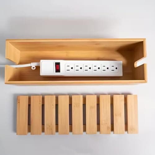 39.9X12.5Cm Bamboo and Wooden Power Strip Box,Handmade Cable Tidy Box,Concealed Cable Management Box,Cord Organiser for Desk, Floor and Home Office(B) — view 2