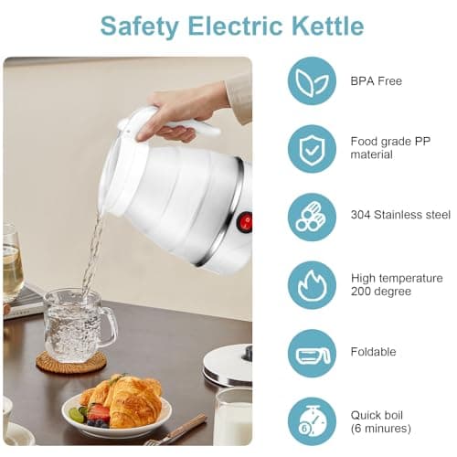OXNSHEJW Foldable Electric Kettle, Mini Travel Kettle, 600ML Silicone Collapsible Kettle, Electric Tea Coffee Maker Portable Travel Kettles with Separable Power Cord for Outdoor Hiking Camping (White) — view 3