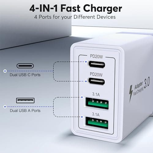 USB C Fast Charger Plug, 40W 4-Port Multi USB Charging Plug UK Dual Port PD Power Adapter + QC Multiport Mains Wall Charger Type C for iPhone 16 15 14 13 12 11 Pro Max XS XR, Samsung, iPad — view 4