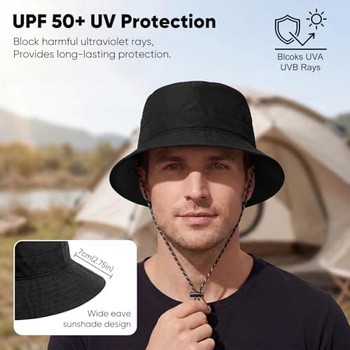 FACHOI Bucket Hat Women Men, Waterproof Sun Hat Foldable UV Protection Summer Hats Adjustable Chin Strap Quick Dry Boonie Hat Fishing Walking Hiking Camping Travel F4-ZDYFM(Black) — view 4