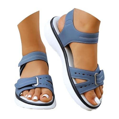 Orthopedic Sandals for Women UK Plantar Fasciitis Comfort Wedge Sandals Open Toe Ankle Strap Sandal Summer Wide Fit Cushion Walking Shoes Ladies Casual Summer Sandal with Arch Support 1-Blue, 5