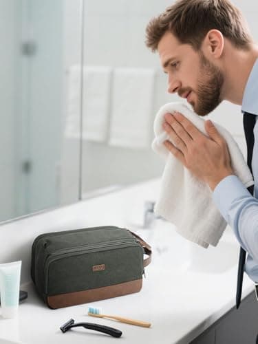 WANDF Toiletry Bag for Men Travel Wash Bag Toiletry Organizer Canvas and PU Leather Dopp Kit Water-Resistant Shaving Kit for Travel Accessories (Green, Patent Pending) — view 5