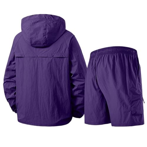 Mens Tracksuit Sets Sun Protection Coord Sets For Men Uk Outdoor Casual Running Zip Up Jacket With Drawstring Hood Running Shorts Easy Care Summer Set Comfort Fit Travel Festival Purple Xxl — view 5