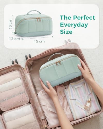 Travel Makeup Bag Large Quilted Cosmetic Organizer with Brush Compartments & Handle, Wide-Open Toiletry Bag for Women, Green — view 6