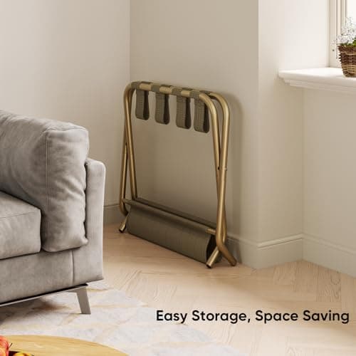 Smart FENDEE Set of 2 Gold Luggage Racks for Guest Room, Folding Suitcase Stand with Fabric Shelf, Steel Portable Luggage Stand Bedroom, Hotel, Easy Assembly, Hold up to 110 lb — view 3