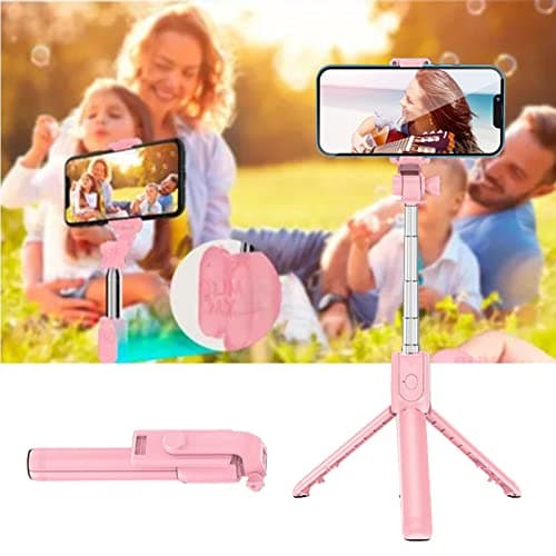 Domary Tripod Selfie Stick Portable Stainless Steel 360° Rotating Telescopic for Travel Remote Control 27.6in (Pink)