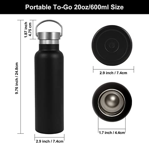 Volhoply Black Stainless Steel Water Bottles,600 ML Vacuum Insulated Double Wall Travel Bottle with Leak Proof Lid of Handle,Metal Reusable Standard Mouth Flask for School,Hikers,Gift — view 5