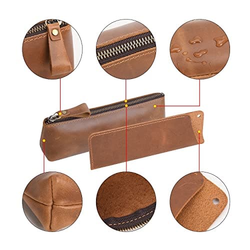 WONDERPOOL Leather 1pc Pencil Case & 1pc Fountain Pen Holder - Portable Compact Drawing Marker Pen Stationery Pouches for School Office Travel Organizer (Light Brown) — view 5