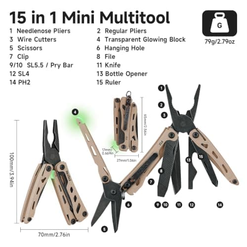 NexTool Mini Flagship F12 Keychain Multitool, 13 in 1 Pocket Tools (Khaki) — view 2