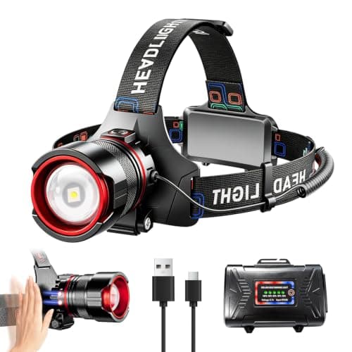 IMIGY Head Torch Rechargeable, 7800mAh Super Bright LED Headlamp with 9 Lighting Modes, Motion Sensor, Zoomable Beam, 125° Adjustable, Red & Blue Warning Light, Waterproof for Camping Hiking Running