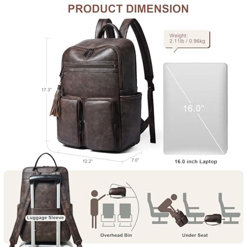 Shrrie Laptop Backpack for Women 16 Inch,Vegan Leather Travel Backpack Purse Work Business Computer Backpacks Teacher Nurse College Laptop Bookbag Casual Daypack,Two-toned Coffee — view 5