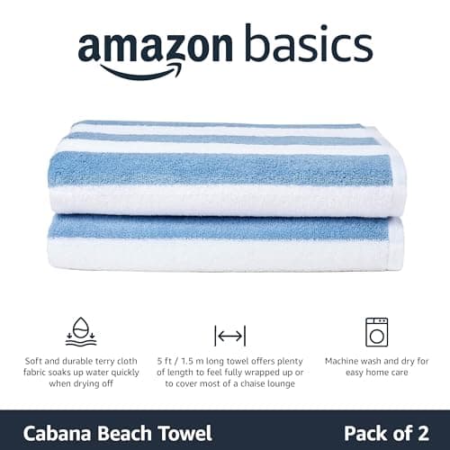 Amazon Basics Striped Beach Towels, Soft & Absorbent Pool Towel, 100% Ring-Spun Cotton, Machine Washable, Quick Dry, OEKO-TEX Certified, Large 30" x 60", Sky Blue Cabana Stripe, 2-Pack — view 2
