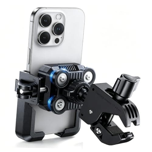 ROHMERIQUE Motorcycle Phone Mount, Camera Friendly Dual Anti-Shock Bike Phone Holder with 360° Rotation and Quick Release Handlebar Clamp, Fits for iPhone 17/16 and 6-7.2" Cellphones