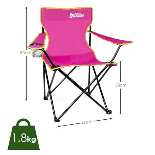 just be... Camping Chair – Lightweight, Foldable & Portable Outdoor Seat with Armrests, Cup Holder & Carry Bag | For Adults & Kids | Garden, Beach, BBQ & Fishing – Dark Pink with Yellow Trim — view 3