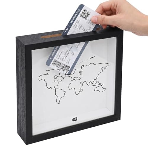 Adventure Archive Box, Ticket Shadow Box – Wooden Travel Memory Display Frame with Front Slot for Tickets, Cards & Photos, Gift for Travellers & Keepsake Storage (Black, 20x20 CM)