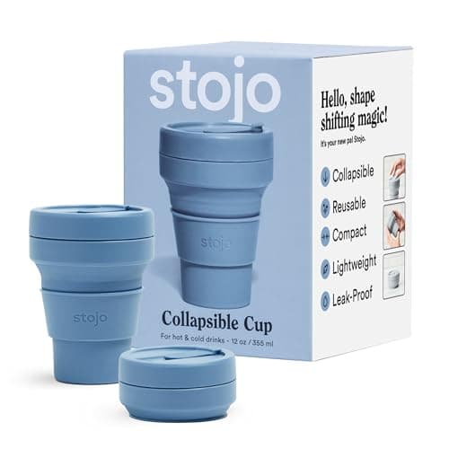 STOJO On-The-Go Collapsible Coffee Cup - 12oz / 355ml - Reusable & Foldable Silicone Travel Mug with Lid - Portable, Pocket Size - Dishwasher Safe - Steel Blue