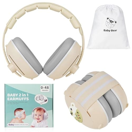 Adiwo 2-in-1 Baby Ear Defender, Non-Slip Baby Headphones, Noise Canceling Headphone & Headband for Babies, Ultra-Soft and Adjustable to 0-48 Months, Hearing Protection for Sleep Travel, Beige