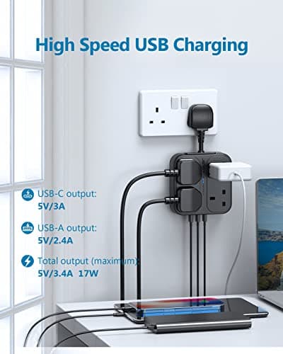 JSVER Extension Lead with 4 USB Ports Plug Extension with 4 Outlets (3250W) and 1 USB C Port,3 USB A Ports Power Socket Surge Protection for Home Travel, Black — view 3