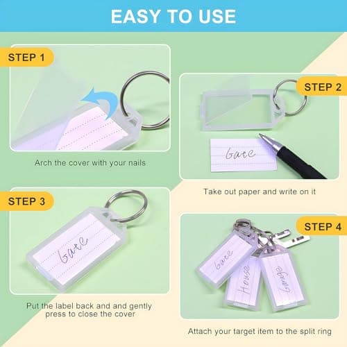 Coideal White Plastic Key Tags with Labels - 60 Pack Tough Key Chain Tag ID Identifiers with Clear Label Window and Strong Split Ring for Luggage — view 3