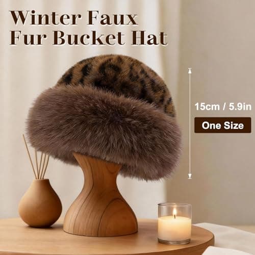 Faux Fur Bucket Hat for Women, Russian Style Winter Fluffy Fuzzy Ladies Hats Travel Hiking Work Home, Chapeau Fourrure Femme Winter Fashion Gift (Leopard) — view 2