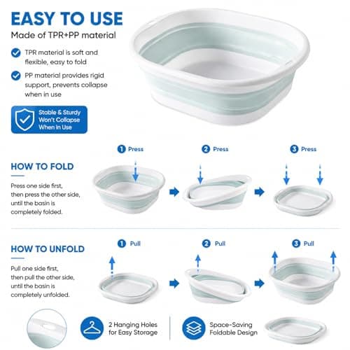 Lafefe Thickened Collapsible Washing Up Bowl, Portable Folding Wash Basin with Handles, Space Saving Camping Sink Multipurpose for Camping, Caravan, Kitchen & Travel(Blue, 5L) — view 3
