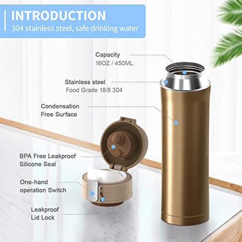 JUMKEET Double Walled Vacuum Flask Thermo,Stainless Steel Insulated Water Bottle | Flask for Hot and Cold Drinks Travel Coffee Mug, Sports Water Bottle (A-Gold) — view 5