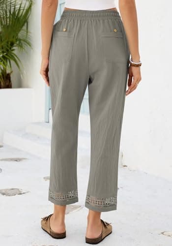 Famulily Womens Light Weight Cotton Trousers for Travel Cropped Linen Wide Leg Lounge Pants with Pockets (M,Grey Coffee) — view 3