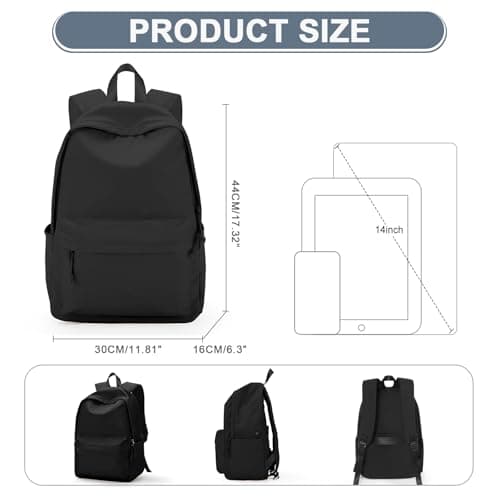 WEPLAN School Backpack Womens Secondary School Bag for Girls Boys Teenage College Rucksack Bag for Women Lightweight Casual Daypacks Bookbag Waterproof 14 inch Laptop Backpack Work Travel,A1-Black — view 4