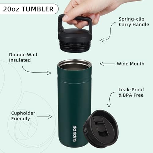 BJPKPK Insulated Water Bottle with 2 Lids,600ml Double Wall Stainless Steel Vacuum Tumbler Travel Coffee Mug,Wide Mouth Thermal Cup,Dark Green — view 3