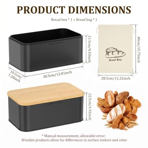 ZEJEXXB Bread Bin with Bamboo Cutting Board Lid and Cotton Bag Metal Bread Storage Container with Airy Holes to Keep Toast Fresh for Loaves, Pastries, Rolls(Black) — view 2
